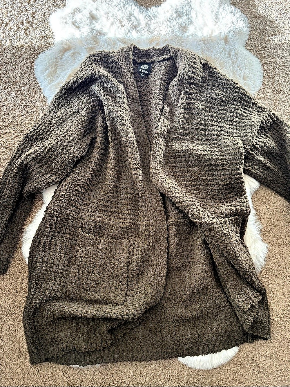 Bobeau Open Front Patch Pocket Popcorn Cardigan Brown Medium